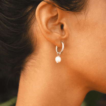 Freshwater Pearl Hammered Hoop Earrings, 18K Gold Stainless Steel, Waterproof - Mari Gavane