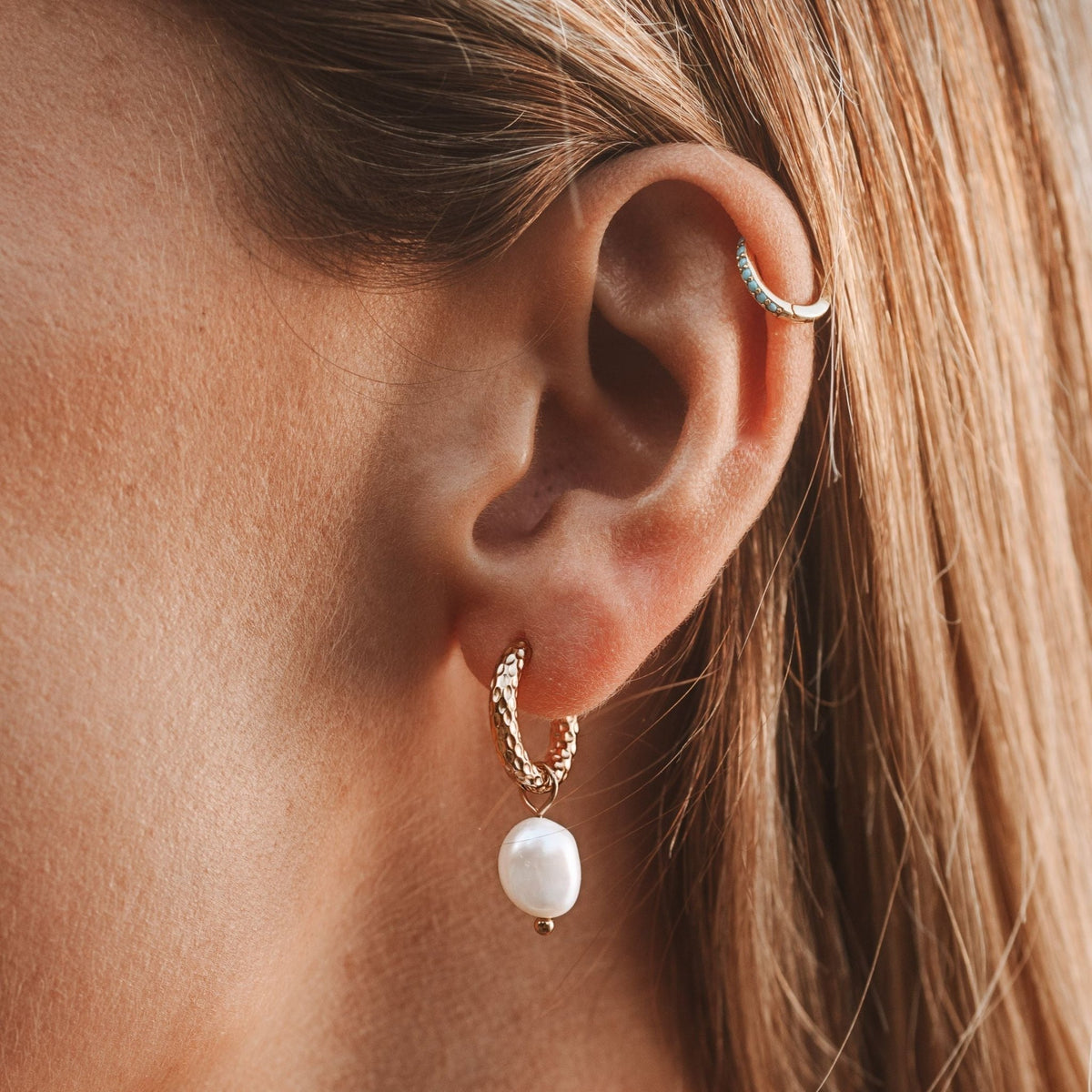 Freshwater Pearl Hammered Hoop Earrings, 18K Gold Stainless Steel, Waterproof - Mari Gavane