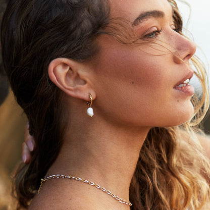 Freshwater Pearl Hammered Hoop Earrings, 18K Gold Stainless Steel, Waterproof - Mari Gavane