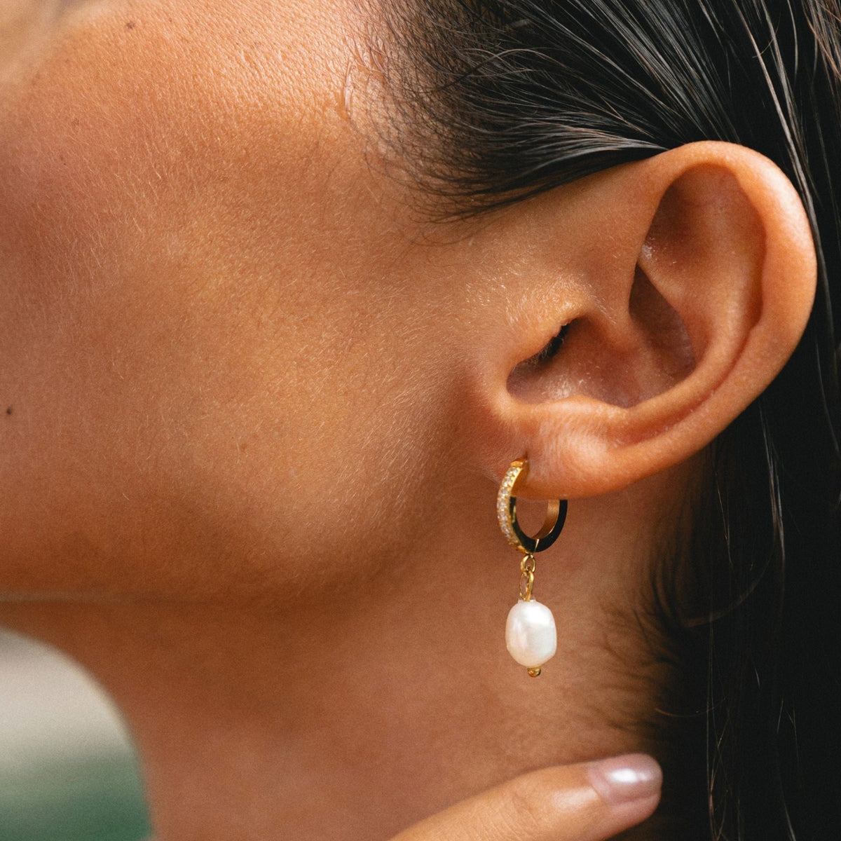 Freshwater Pearl Hoop Earrings, 18K Gold Stainless Steel, Waterproof - Mari Gavane