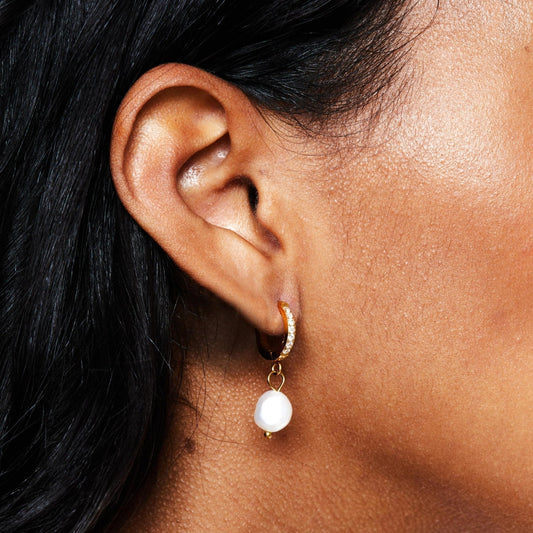 Freshwater Pearl Hoop Earrings, 18K Gold Stainless Steel, Waterproof - Mari Gavane