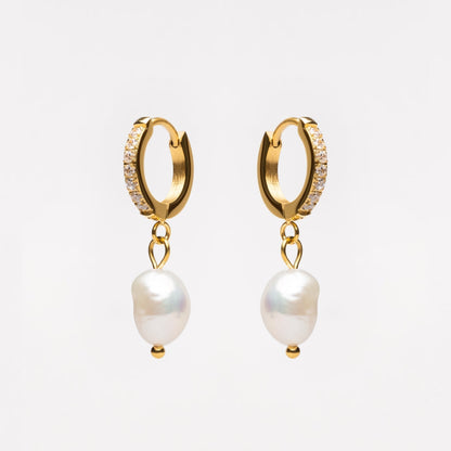 Freshwater Pearl Hoop Earrings, 18K Gold Stainless Steel, Waterproof - Mari Gavane