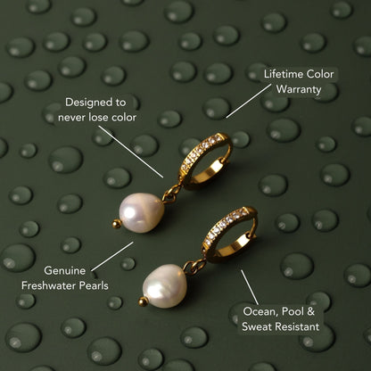 Freshwater Pearl Hoop Earrings, 18K Gold Stainless Steel, Waterproof - Mari Gavane