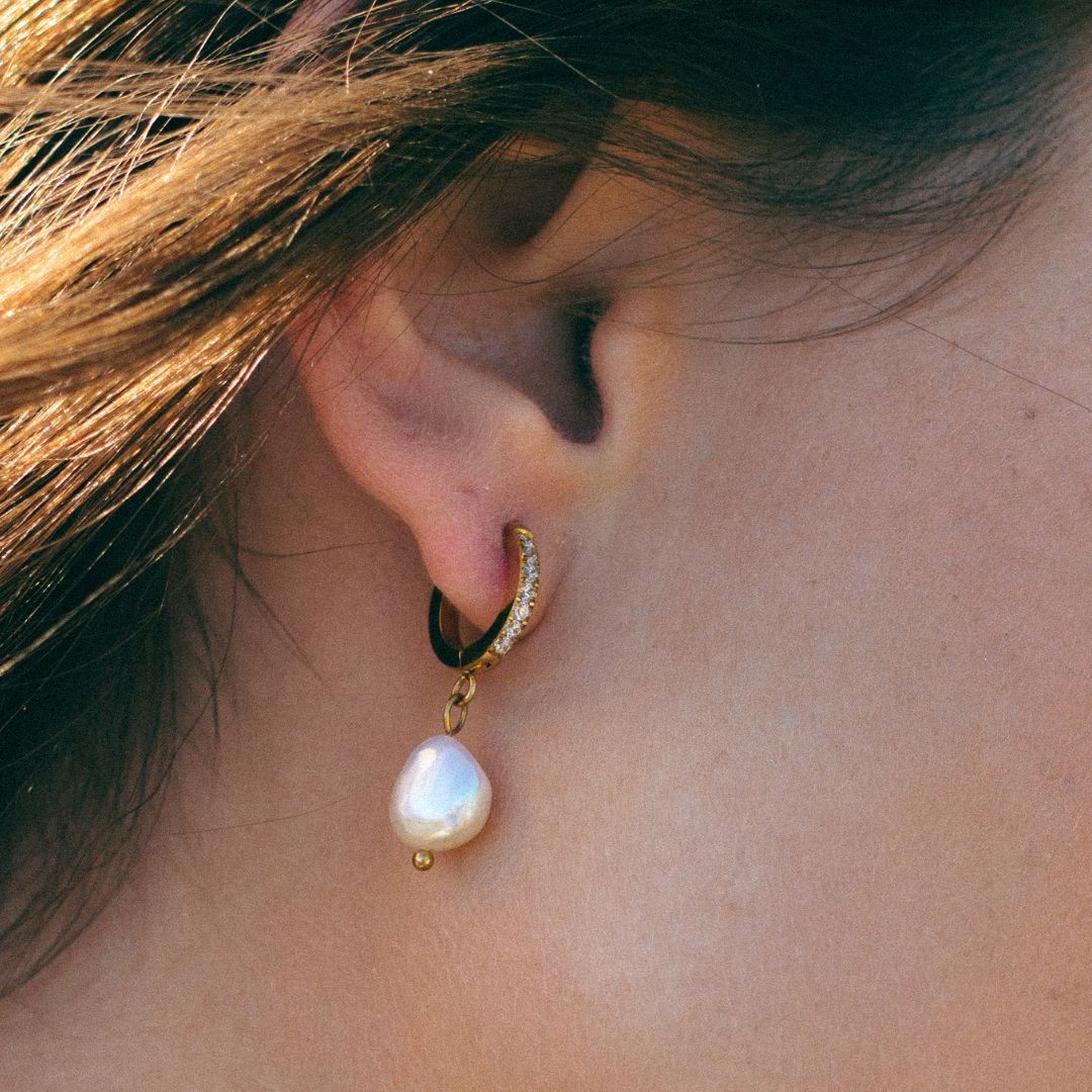 Freshwater Pearl Hoop Earrings, 18K Gold Stainless Steel, Waterproof - Mari Gavane