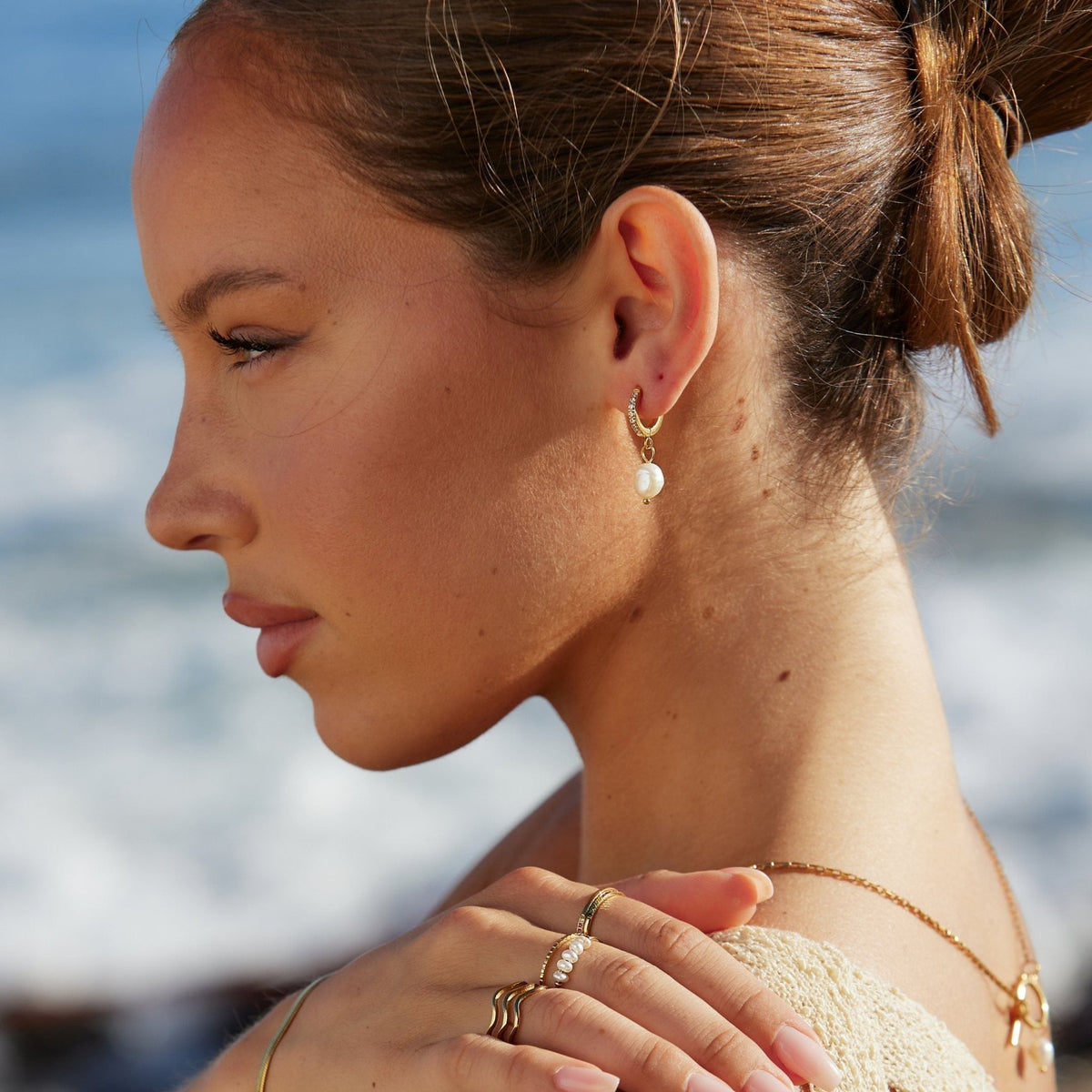 Freshwater Pearl Hoop Earrings, 18K Gold Stainless Steel, Waterproof - Mari Gavane
