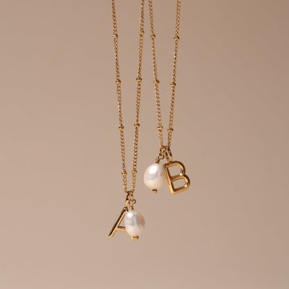 Freshwater Pearl Initial Letter Necklace, 18K Gold Stainless Steel, Waterproof - Mari Gavane