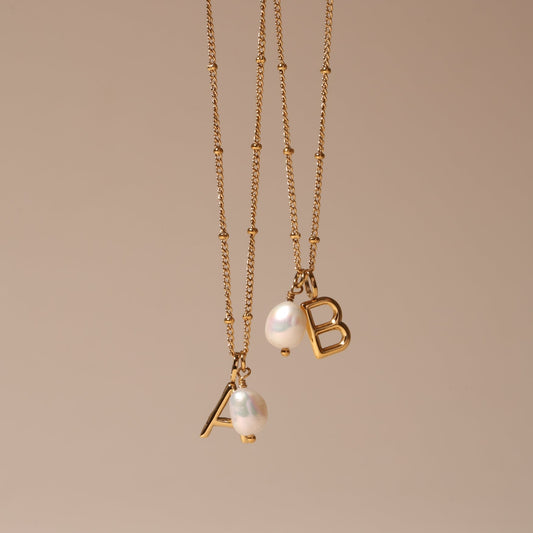 Freshwater Pearl Initial Letter Necklace, 18K Gold Stainless Steel, Waterproof - Mari Gavane
