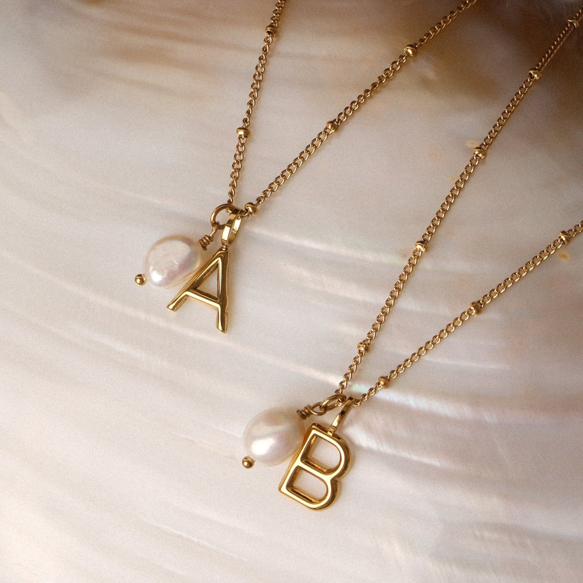 Freshwater Pearl Initial Letter Necklace, 18K Gold Stainless Steel, Waterproof - Mari Gavane