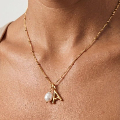 Freshwater Pearl Initial Letter Necklace, 18K Gold Stainless Steel, Waterproof - Mari Gavane