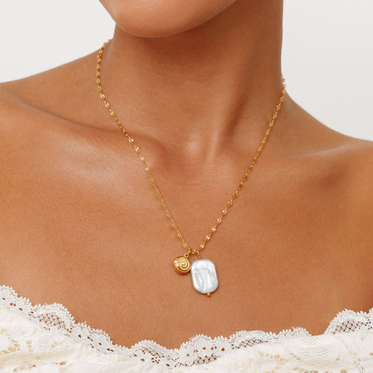 Freshwater Pearl Seashell Necklace, 18K Gold Stainless Steel, Waterproof - Mari Gavane
