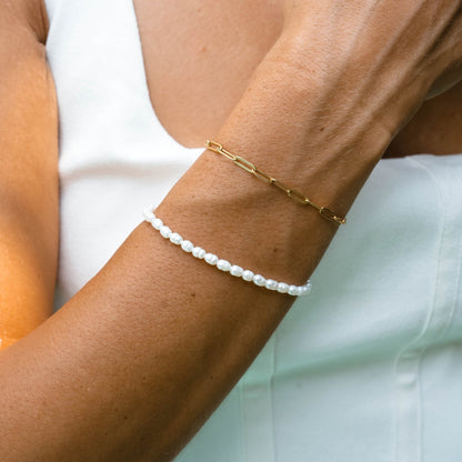 Freshwater Pearl Strand Bracelet, 18K Gold Stainless Steel, Waterproof - Mari Gavane