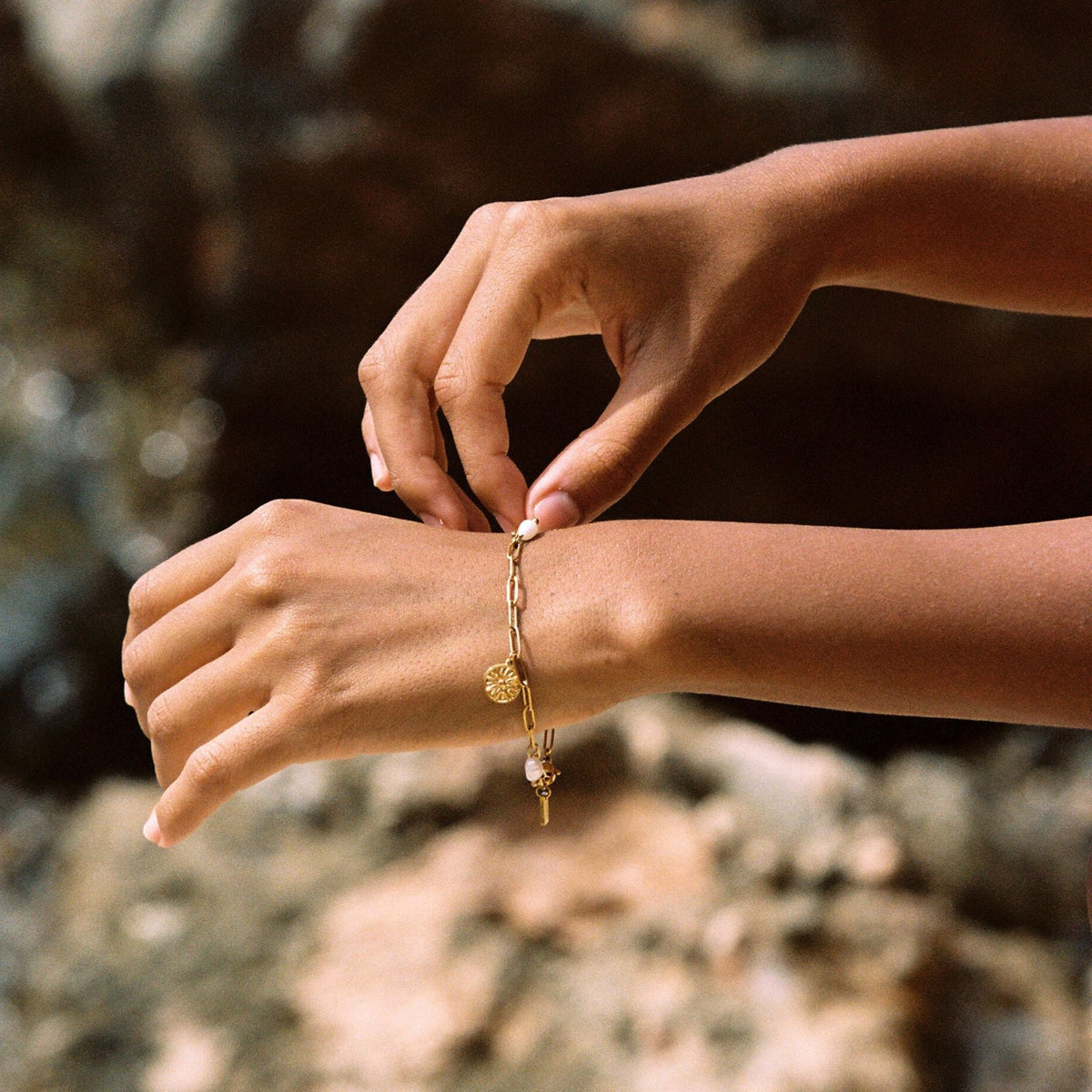 Freshwater Pearl Sun Charm Paperclip Bracelet, 18K Gold Stainless Steel, Waterproof - Mari Gavane