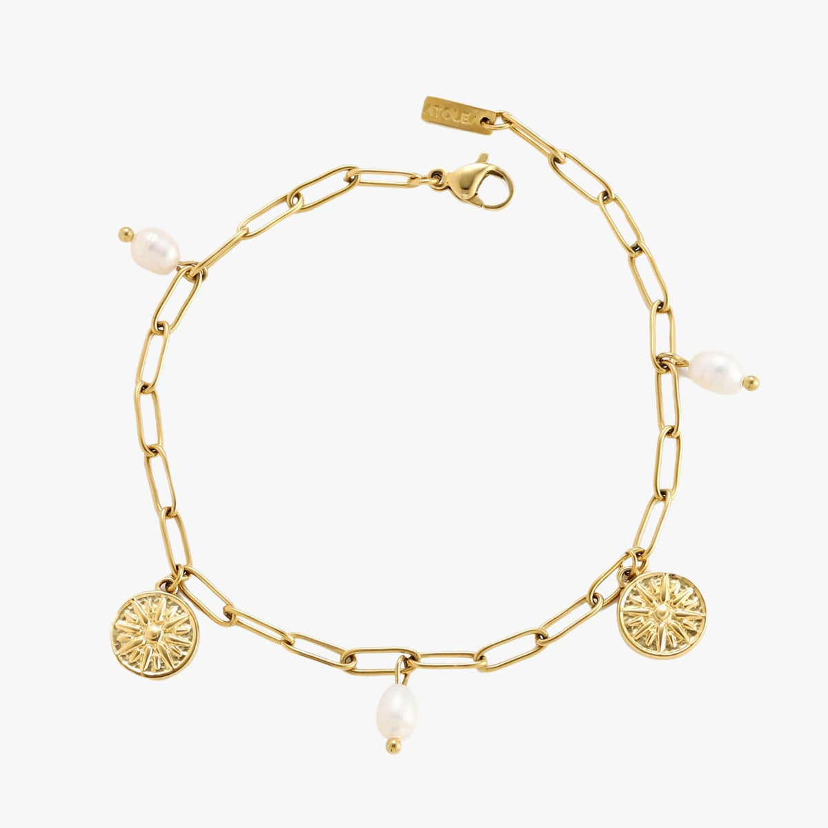 Freshwater Pearl Sun Charm Paperclip Bracelet, 18K Gold Stainless Steel, Waterproof - Mari Gavane