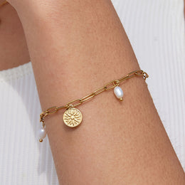 Freshwater Pearl Sun Charm Paperclip Bracelet, 18K Gold Stainless Steel, Waterproof