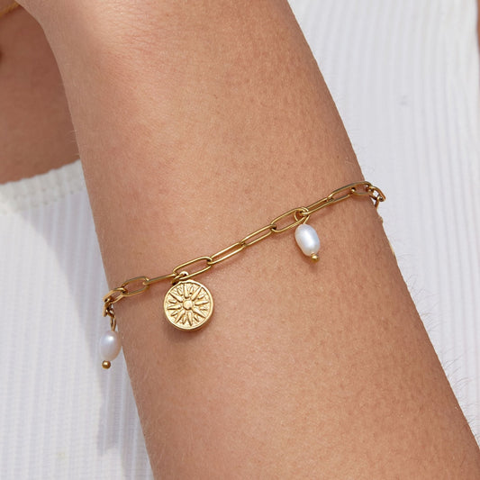 Freshwater Pearl Sun Charm Paperclip Bracelet, 18K Gold Stainless Steel, Waterproof - Mari Gavane