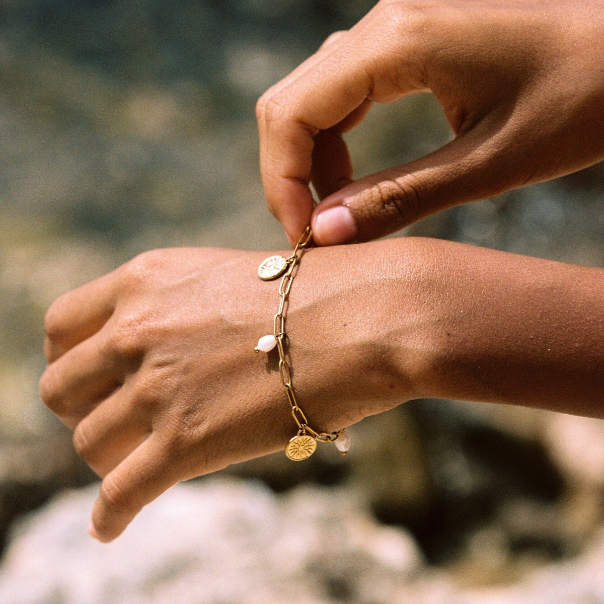 Freshwater Pearl Sun Charm Paperclip Bracelet, 18K Gold Stainless Steel, Waterproof - Mari Gavane