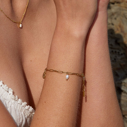 Freshwater Pearl Sun Charm Paperclip Bracelet, 18K Gold Stainless Steel, Waterproof - Mari Gavane