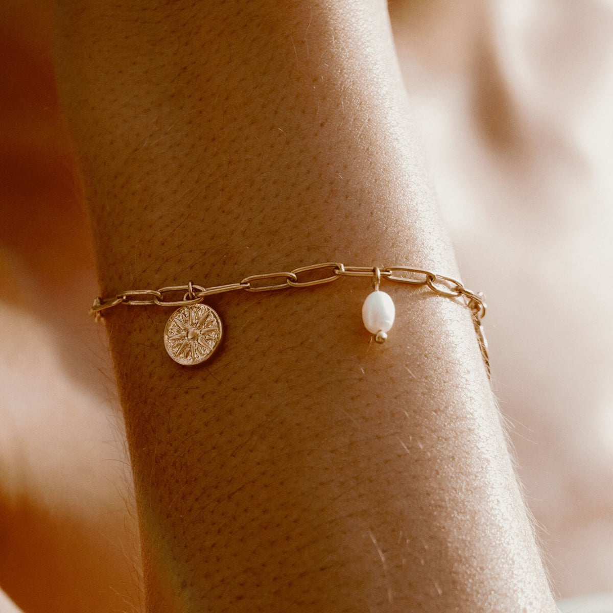 Freshwater Pearl Sun Charm Paperclip Bracelet, 18K Gold Stainless Steel, Waterproof - Mari Gavane