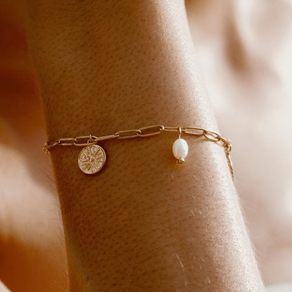 Freshwater Pearl Sun Charm Paperclip Bracelet, 18K Gold Stainless Steel, Waterproof - Mari Gavane