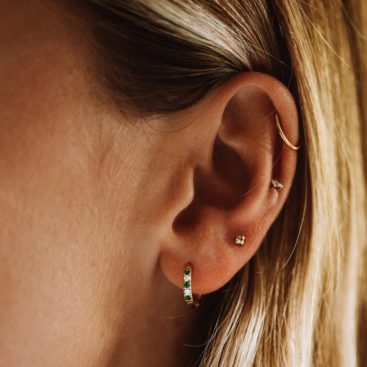 Green Zircon Huggie Hoop Earrings, 18K Gold Stainless Steel, Waterproof - Mari Gavane