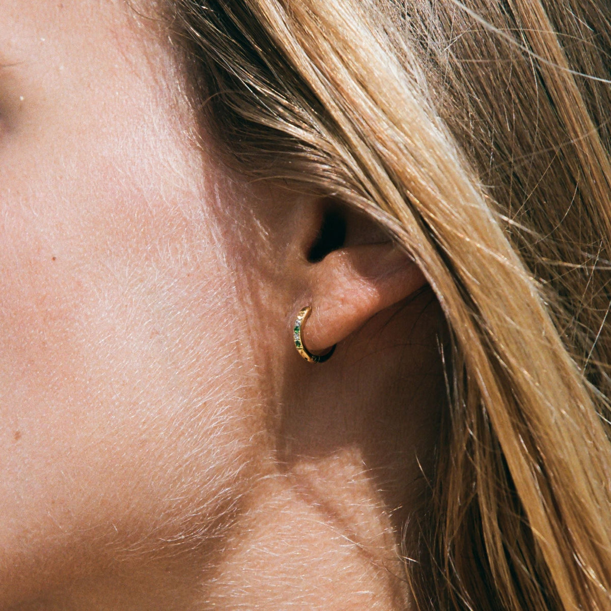 Green Zircon Huggie Hoop Earrings, 18K Gold Stainless Steel, Waterproof - Mari Gavane