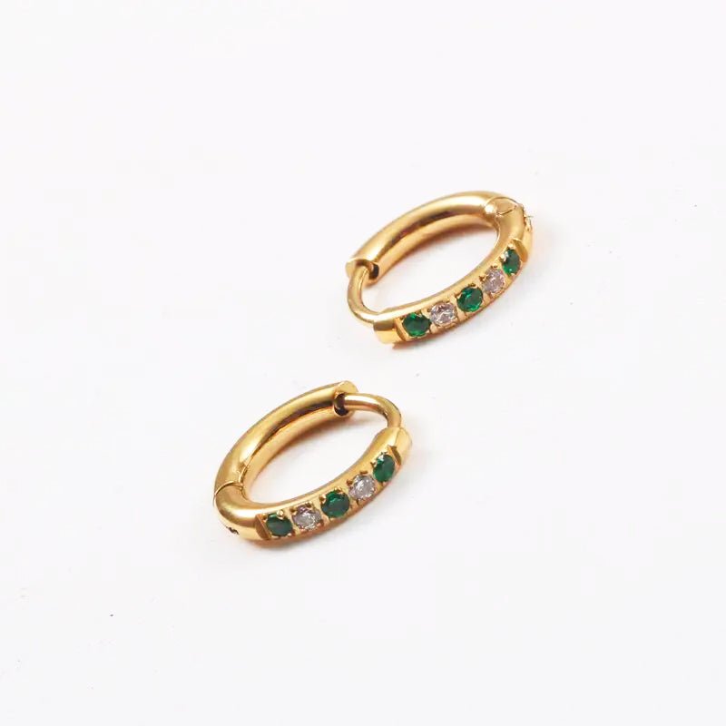 Green Zircon Huggie Hoop Earrings, 18K Gold Stainless Steel, Waterproof - Mari Gavane