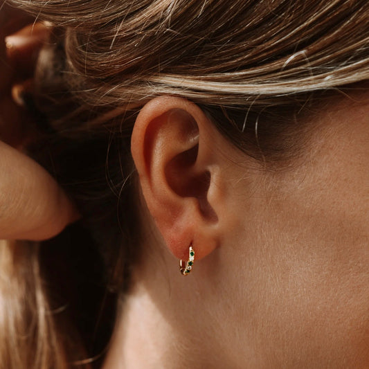 Green Zircon Huggie Hoop Earrings, 18K Gold Stainless Steel, Waterproof - Mari Gavane