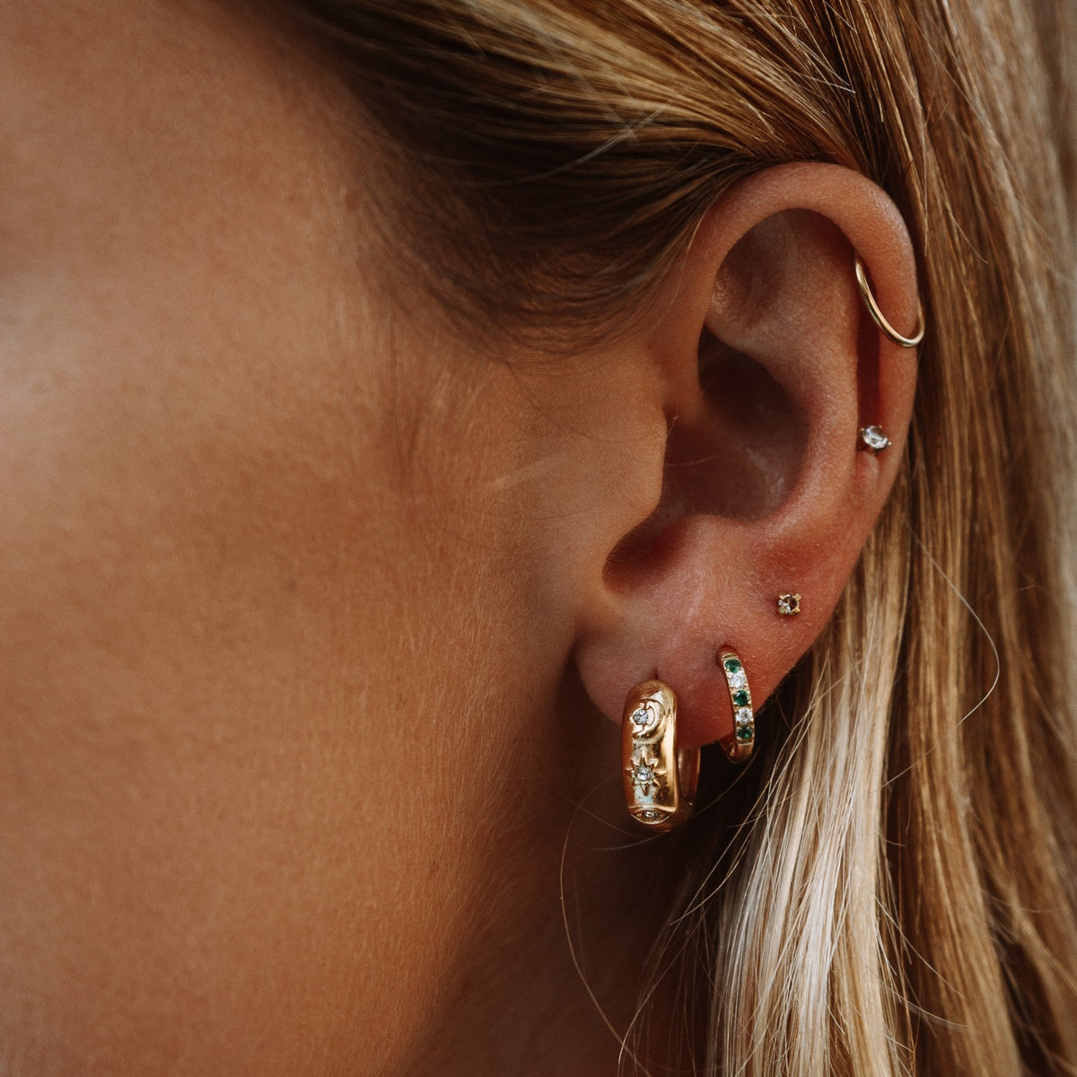 Green Zircon Huggie Hoop Earrings, 18K Gold Stainless Steel, Waterproof - Mari Gavane