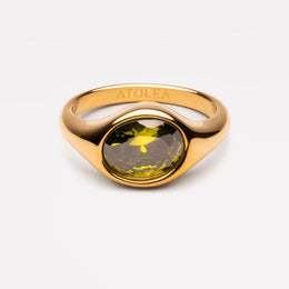 Green Zircon Leaf Ring, 18K Gold Stainless Steel, Waterproof