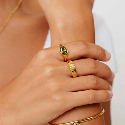 Green Zircon Leaf Ring, 18K Gold Stainless Steel, Waterproof - Mari Gavane