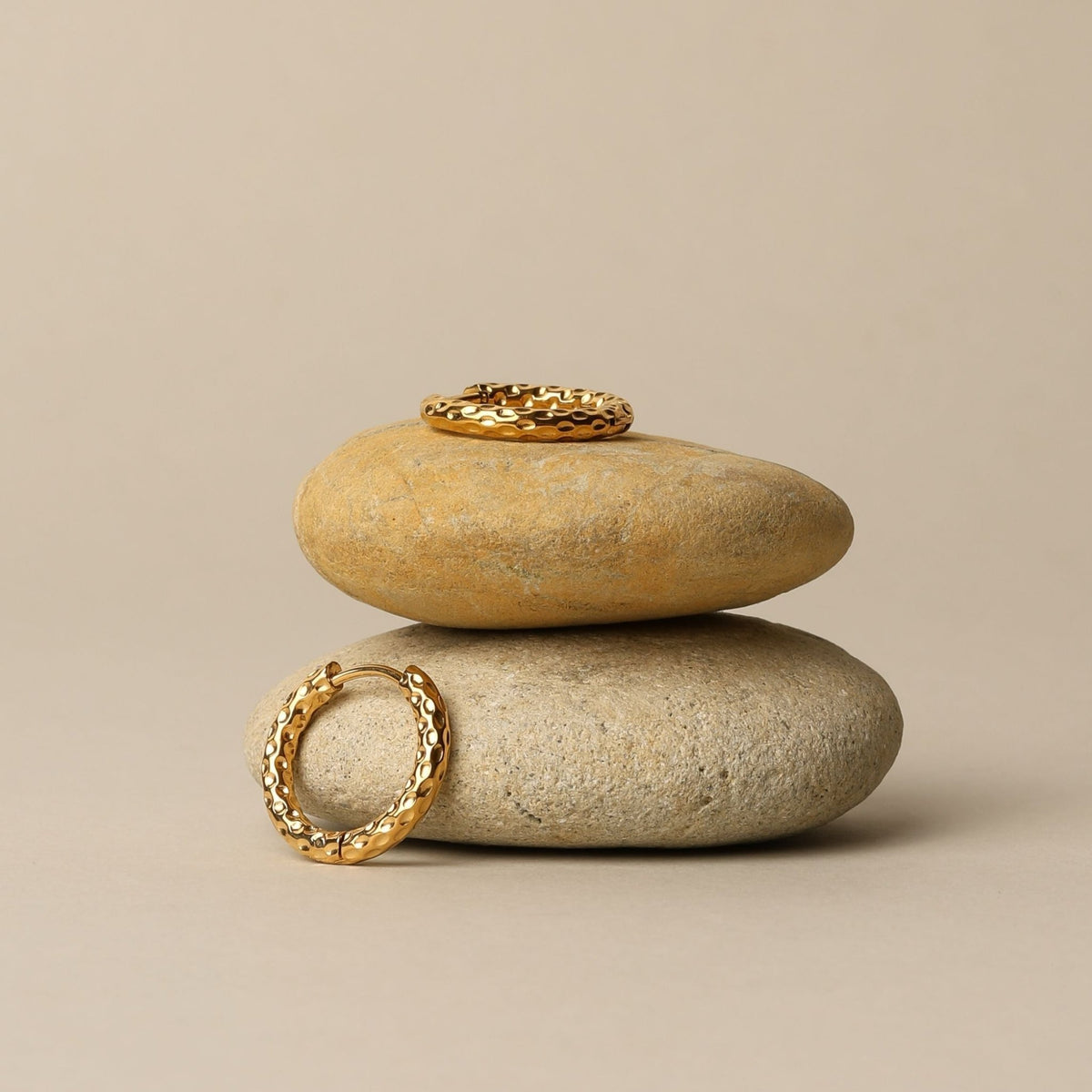 Hammered Huggie Hoop Earrings, 18K Gold Stainless Steel, Waterproof - Mari Gavane