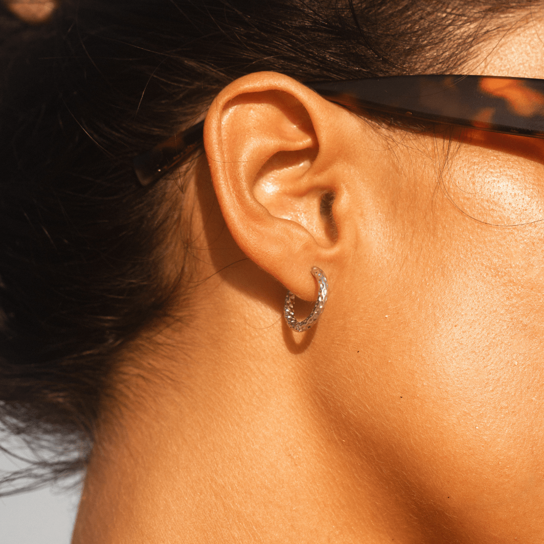 Hammered Huggie Hoop Earrings, 18K Gold Stainless Steel, Waterproof - Mari Gavane