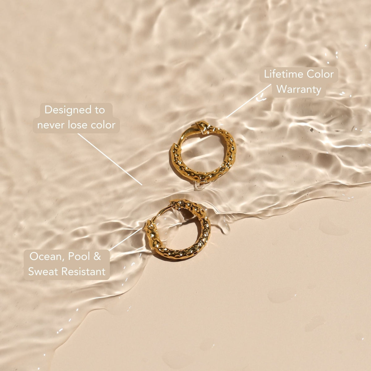 Hammered Huggie Hoop Earrings, 18K Gold Stainless Steel, Waterproof - Mari Gavane