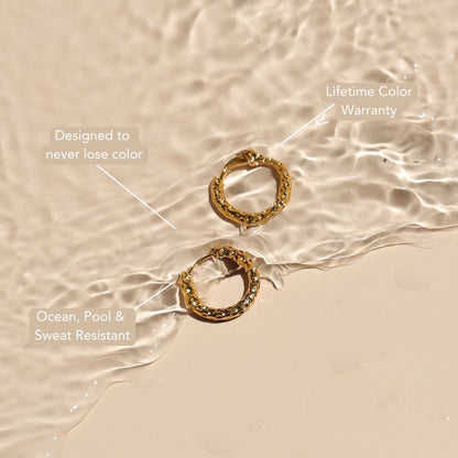 Hammered Huggie Hoop Earrings, 18K Gold Stainless Steel, Waterproof - Mari Gavane