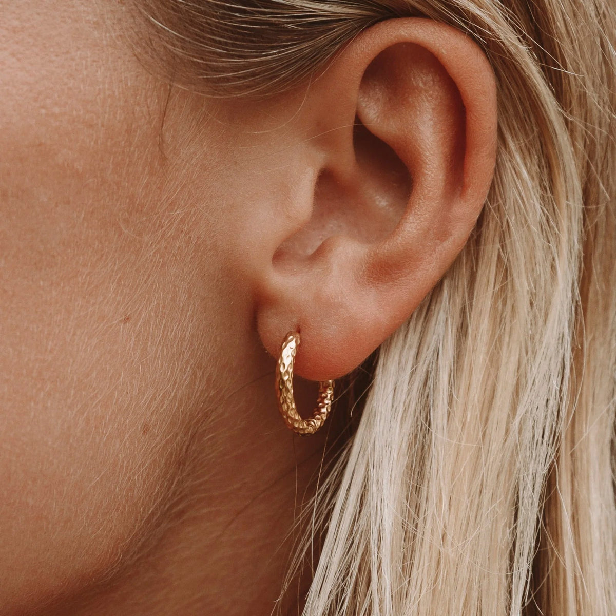 Hammered Huggie Hoop Earrings, 18K Gold Stainless Steel, Waterproof - Mari Gavane