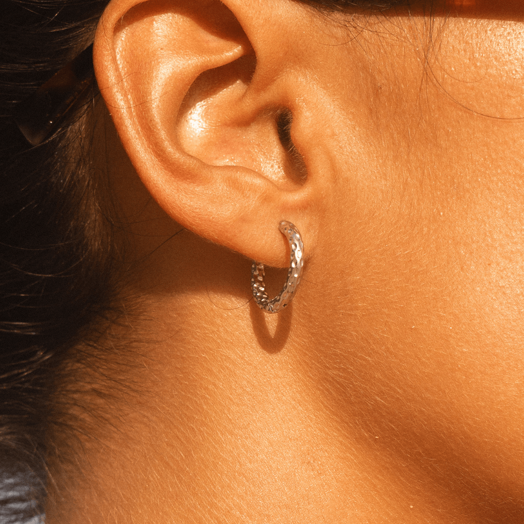 Hammered Huggie Hoop Earrings, 18K Gold Stainless Steel, Waterproof - Mari Gavane