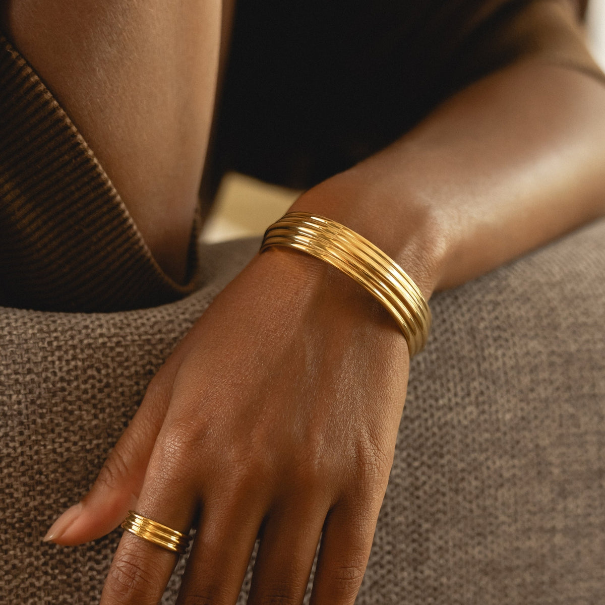 Layered Open Cuff Bracelet, 18K Gold Stainless Steel, Waterproof - Mari Gavane