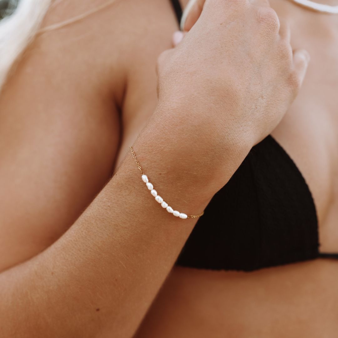 Mini Freshwater Pearl Beaded Bracelet, 18K Gold Stainless Steel, Waterproof - Mari Gavane