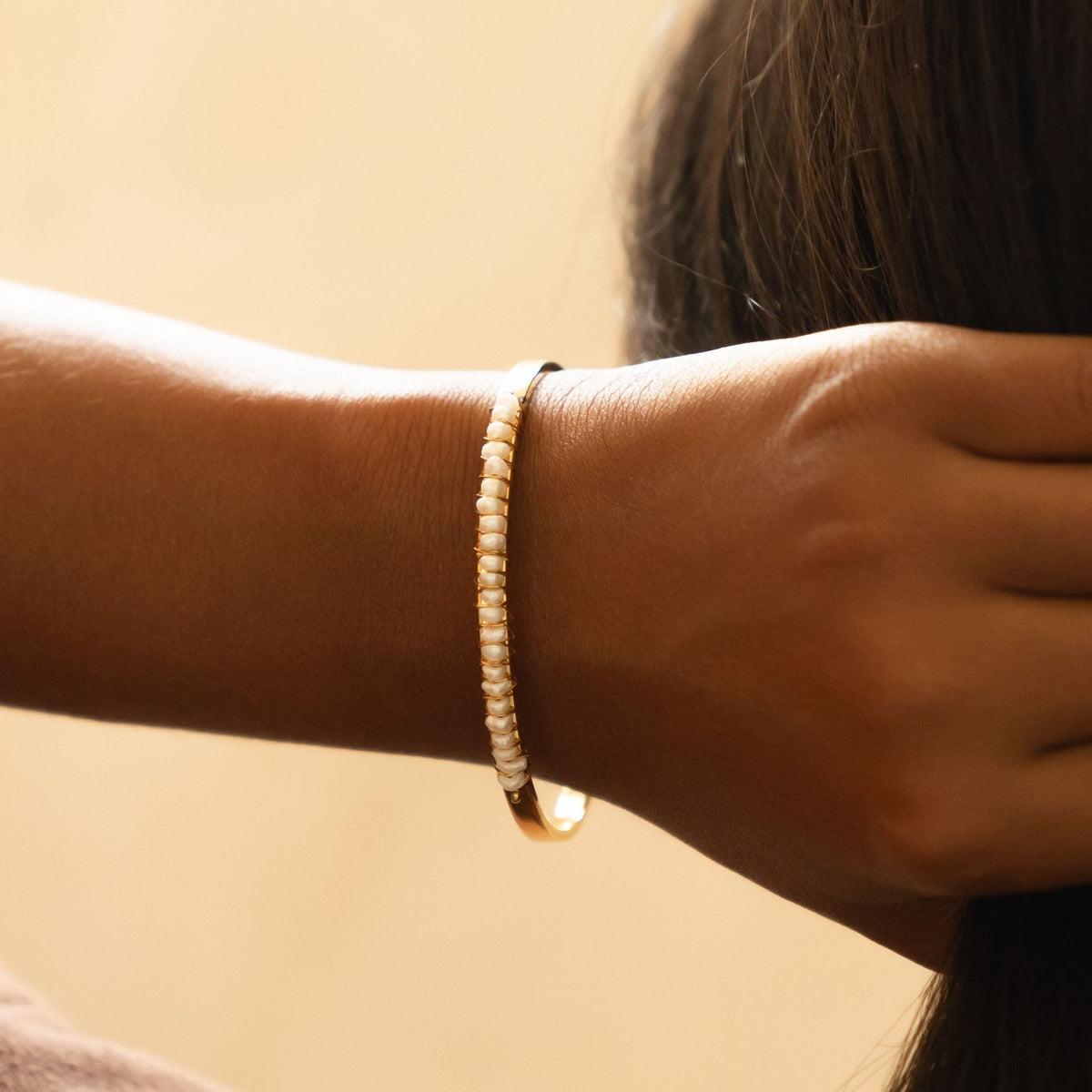 Mother of Pearl Open Cuff Bracelet, 18K Gold Stainless Steel, Waterproof - Mari Gavane