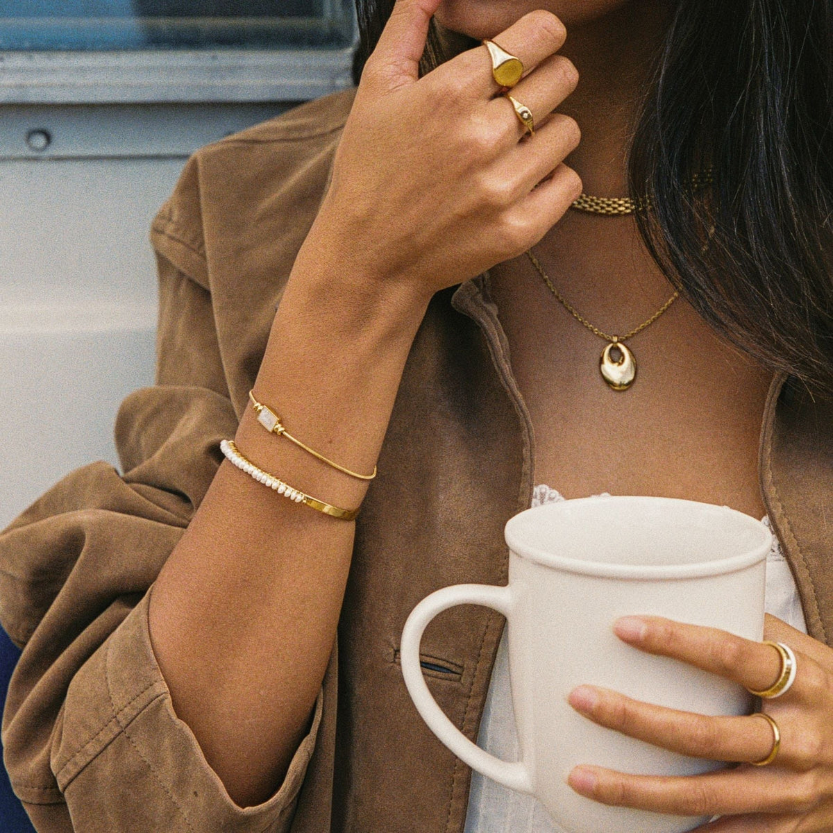 Mother of Pearl Open Cuff Bracelet, 18K Gold Stainless Steel, Waterproof - Mari Gavane