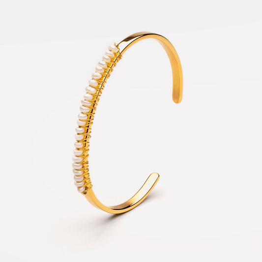 Mother of Pearl Open Cuff Bracelet, 18K Gold Stainless Steel, Waterproof - Mari Gavane