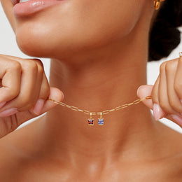 Paperclip Chain Birthstone Necklace, 18K Gold Stainless Steel, Waterproof