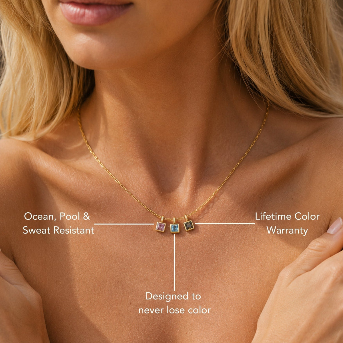 Paperclip Chain Birthstone Necklace, 18K Gold Stainless Steel, Waterproof - Mari Gavane