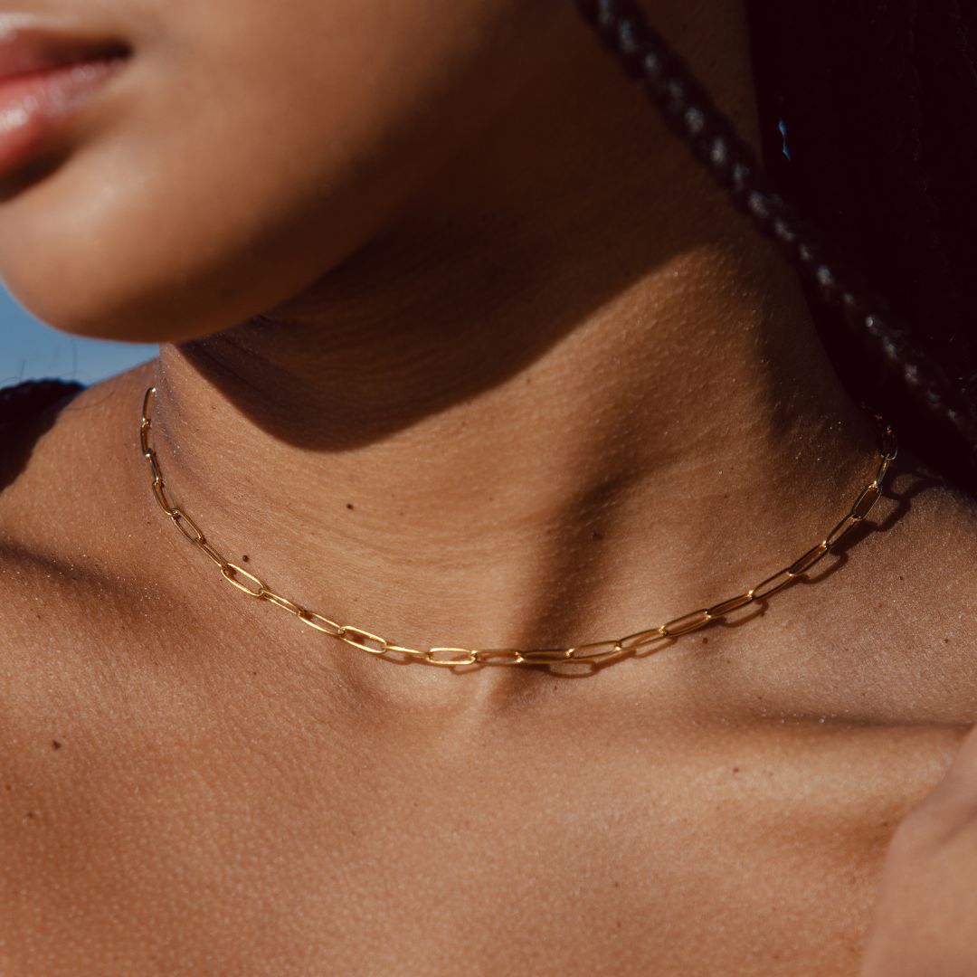 Paperclip Chain Choker Necklace, 18K Gold Stainless Steel, Waterproof - Mari Gavane