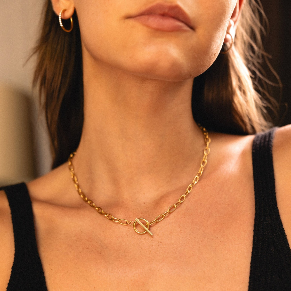 Paperclip Chain Toggle Choker Necklace, 18K Gold Stainless Steel, Waterproof - Mari Gavane
