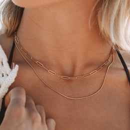 Paperclip Snake Chain Layered Necklace, 18K Gold Stainless Steel, Waterproof