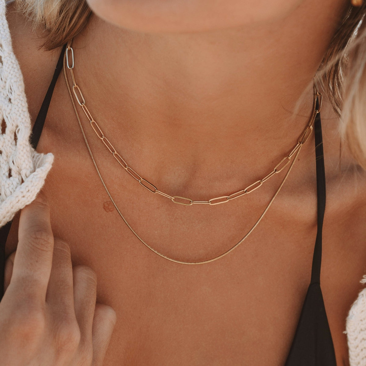 Paperclip Snake Chain Layered Necklace, 18K Gold Stainless Steel, Waterproof - Mari Gavane