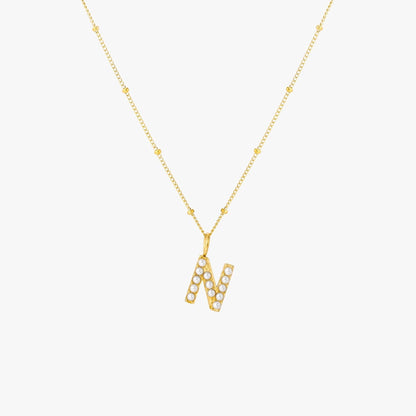 Pearl & Initial Charm Pendant Necklace, 18K Gold Stainless Steel, Waterproof - Mari Gavane