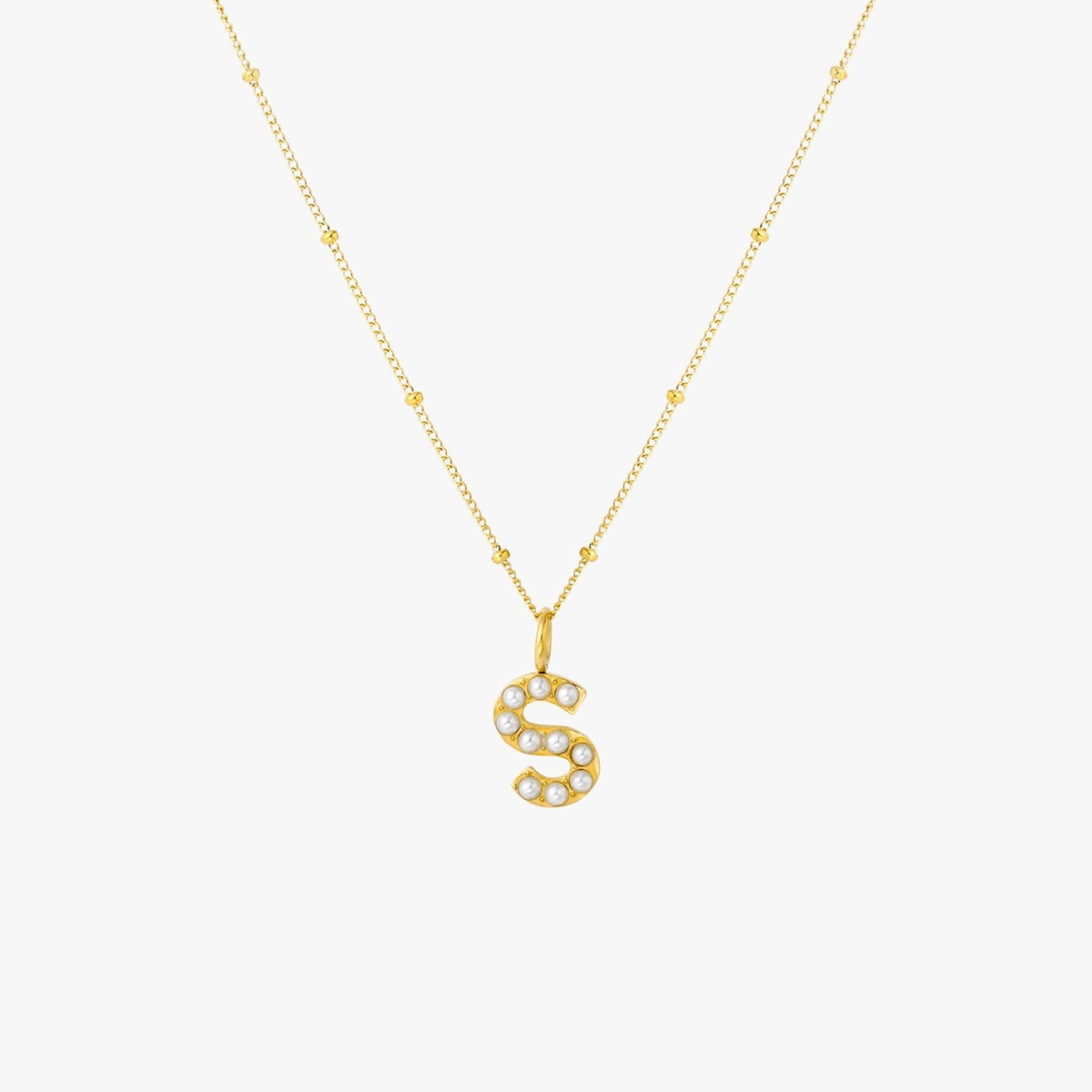 Pearl & Initial Charm Pendant Necklace, 18K Gold Stainless Steel, Waterproof - Mari Gavane
