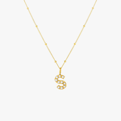 Pearl & Initial Charm Pendant Necklace, 18K Gold Stainless Steel, Waterproof - Mari Gavane
